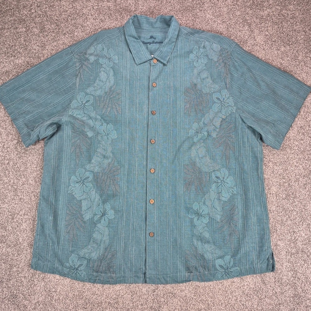 Tommy Bahama 100% Silk Shirt Mens 3XLB Blue Floral Embroidered Short Sleeve